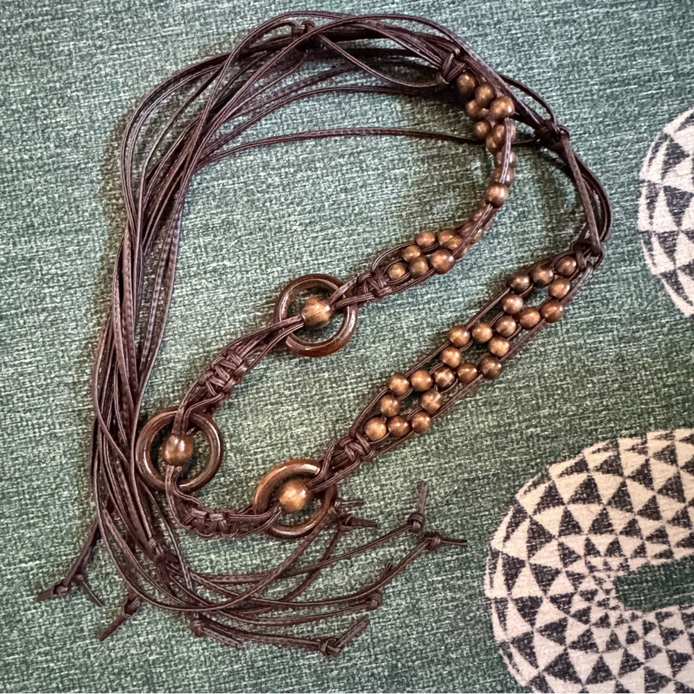 Brown Macrame Wood Bead Ring Tie Belt Boho One Size